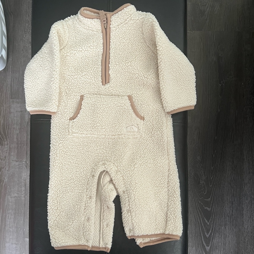 Cozy Sherpa One-Piece Romper in Cream with Tan Trim